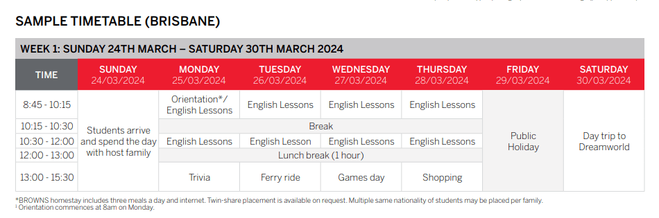 Browns English Language school schedule