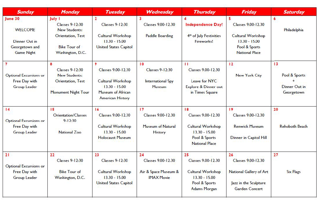 ジョージタウン大学ジュニアサマーキャンプのサンプルスケジュール